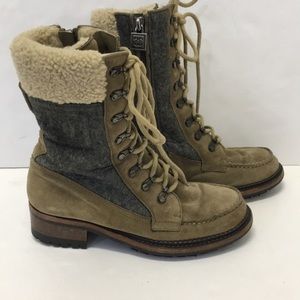 Chanel Beige Tan Suede Sherpa Fur Boots Lace Up 35.5